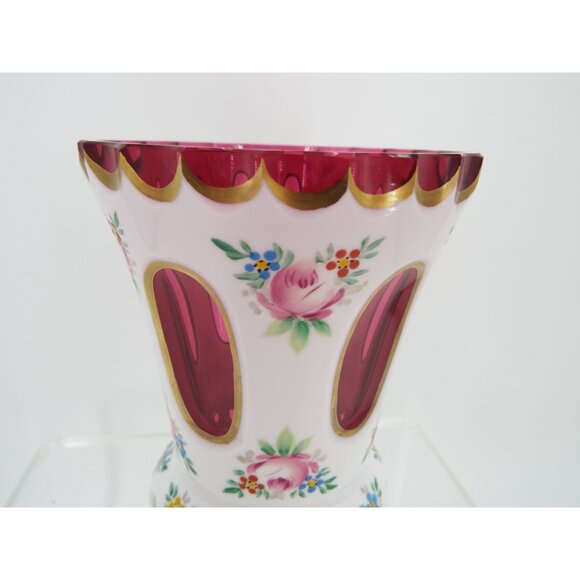 Vintage Bohemian Czech Cased White Overlay Cut to Cranberry Glass Floral Vase 5" - Picture 5 of 10
